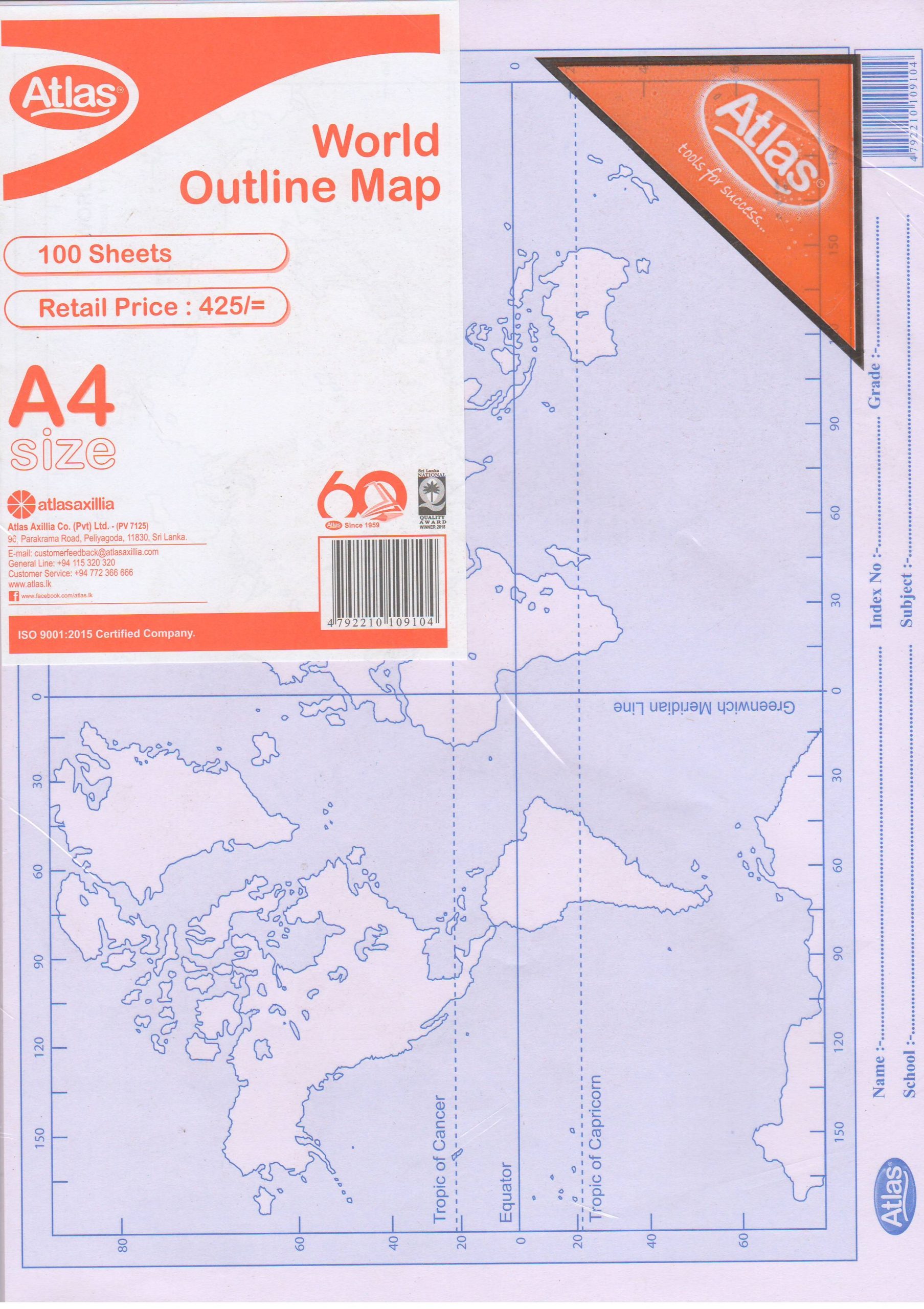 Atlas - A4 Size - World Outline Map - 100 Sheets